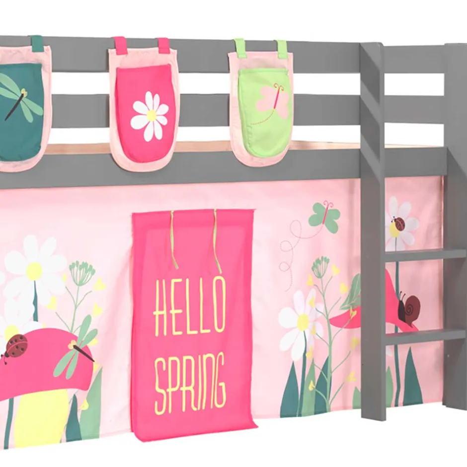 Kinder Wohnen Graues Massivholz-Hochbett mit Vorhang & Taschen - Corsica