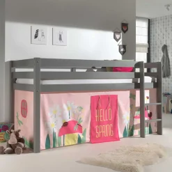 Graues Massivholz-Kinder-Hochbett mit Vorhang - Baptisto^Wohnen New