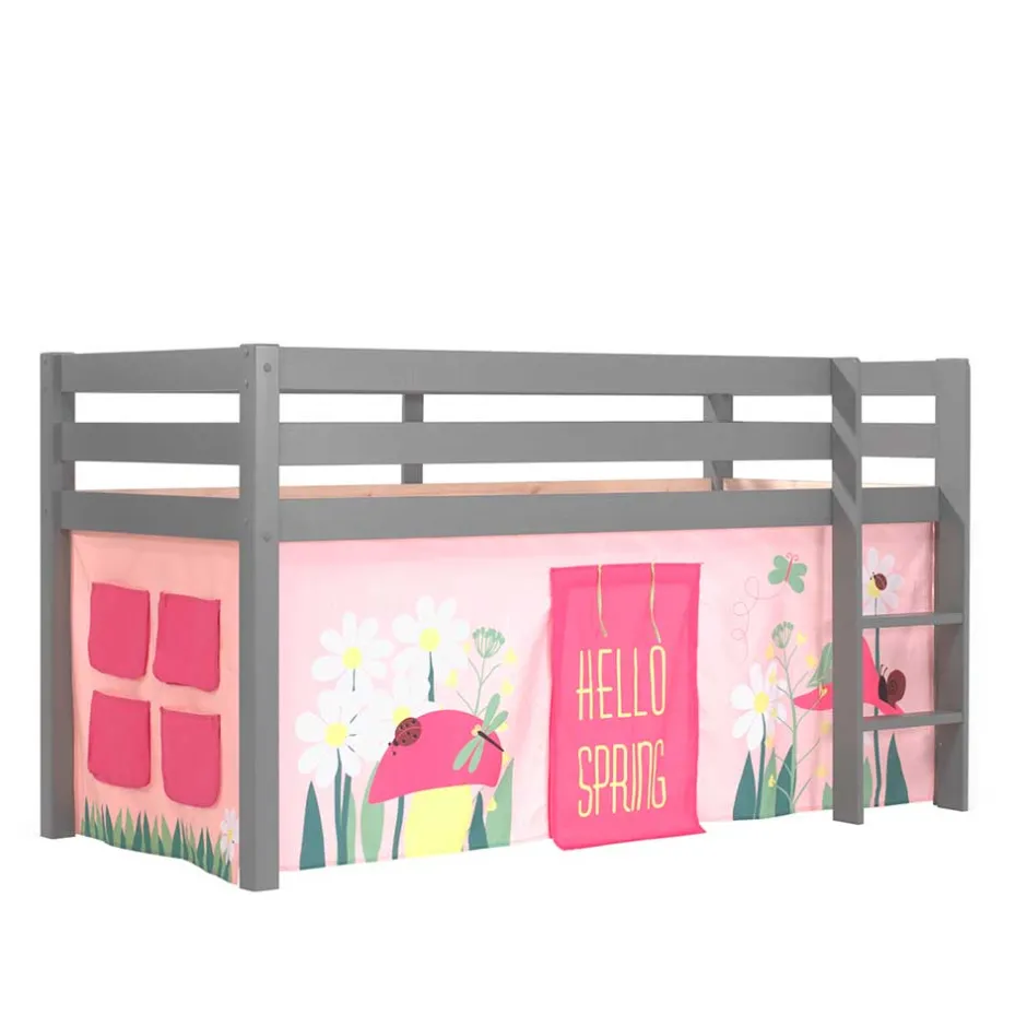 Graues Massivholz-Kinder-Hochbett mit Vorhang - Baptisto^Wohnen New