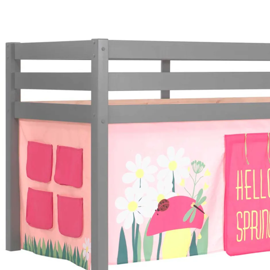Graues Massivholz-Kinder-Hochbett mit Vorhang - Baptisto^Wohnen New
