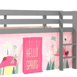 Graues Massivholz-Kinder-Hochbett mit Vorhang - Baptisto^Wohnen New