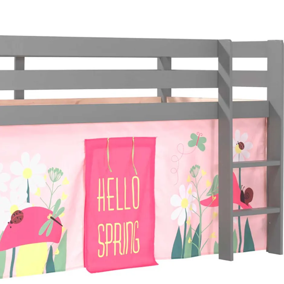 Graues Massivholz-Kinder-Hochbett mit Vorhang - Baptisto^Wohnen New