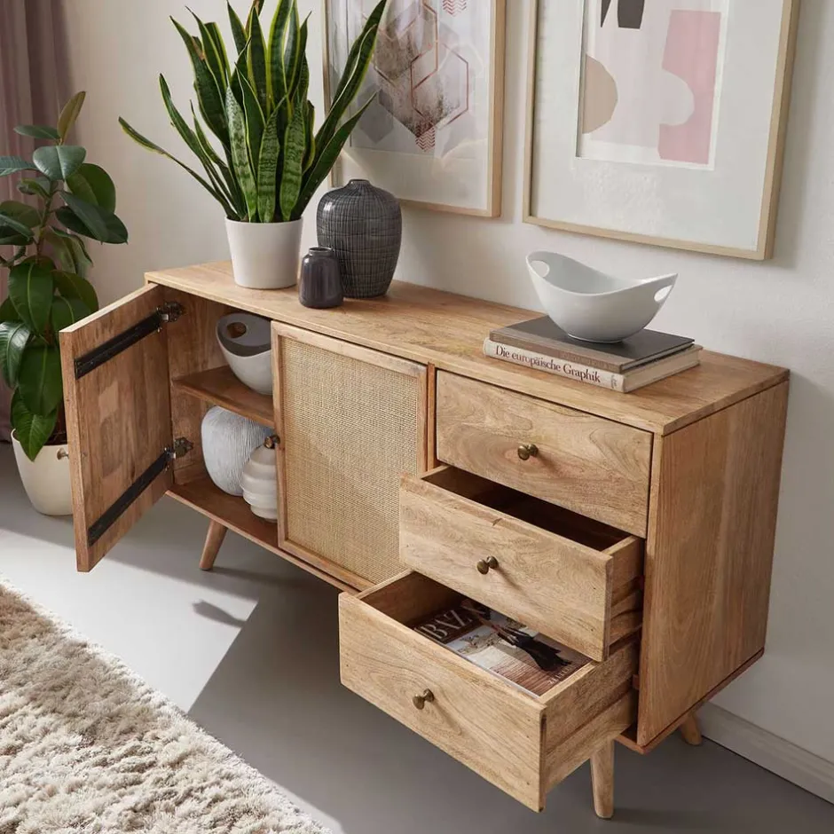Große Kombi-Kommode aus Mangoholz & Rattan - Kanados^Wohnen Best