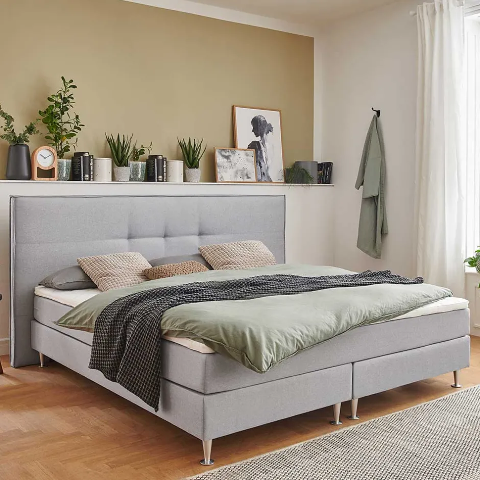 Wohnen H3 Boxspringbett in Hellgrau Stoff & Chrom - Tuwedia