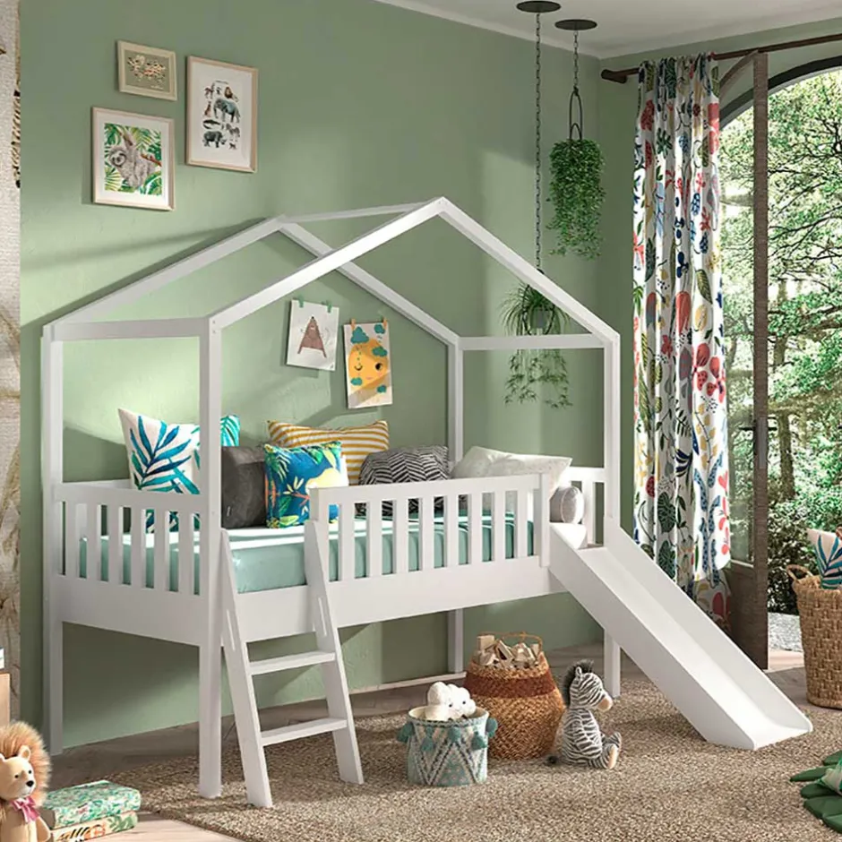 Kinder Wohnen Halbhohes Hochbett mit Hausdach & Rutsche - Graphit