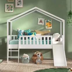 Kinder Wohnen Halbhohes Hochbett mit Hausdach & Rutsche - Graphit