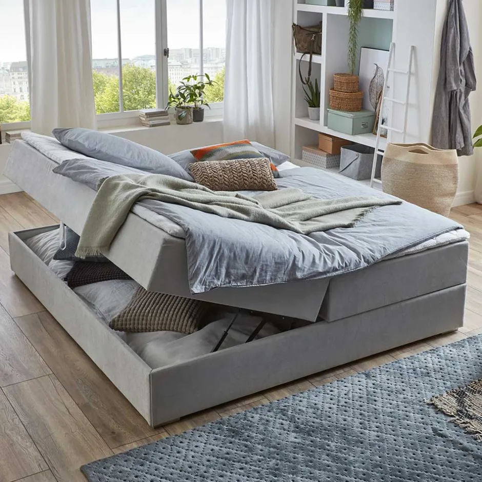 Wohnen Hellgraues Stoffbett ohne Kopfteil mit Bettkasten - Craig