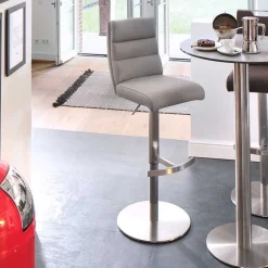 Wohnen Höhenverstellbarer Barstuhl in Hellgrau Kunstleder Olivera & Edelstahl