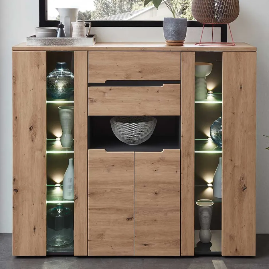 Wohnen Highboard mit Glas & LED Licht - Kuetra