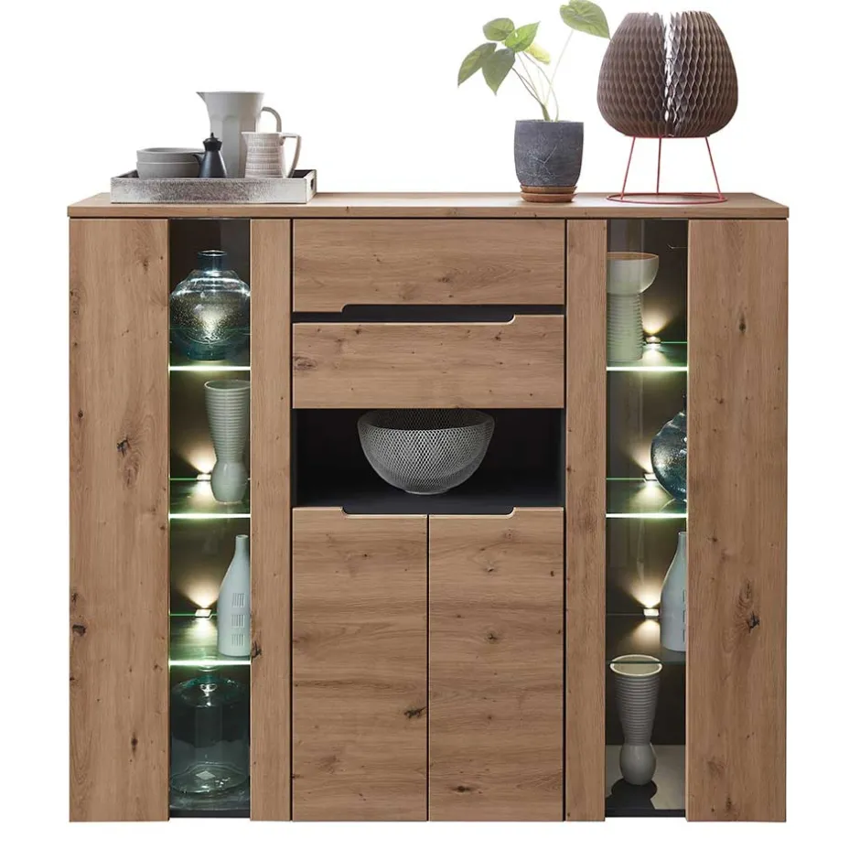 Wohnen Highboard mit Glas & LED Licht - Kuetra