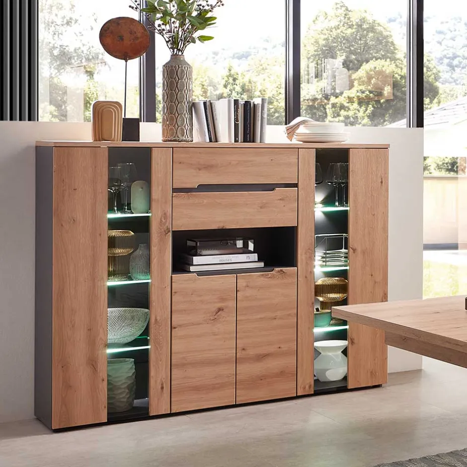 Wohnen Highboard mit Glas & LED Licht - Kuetra