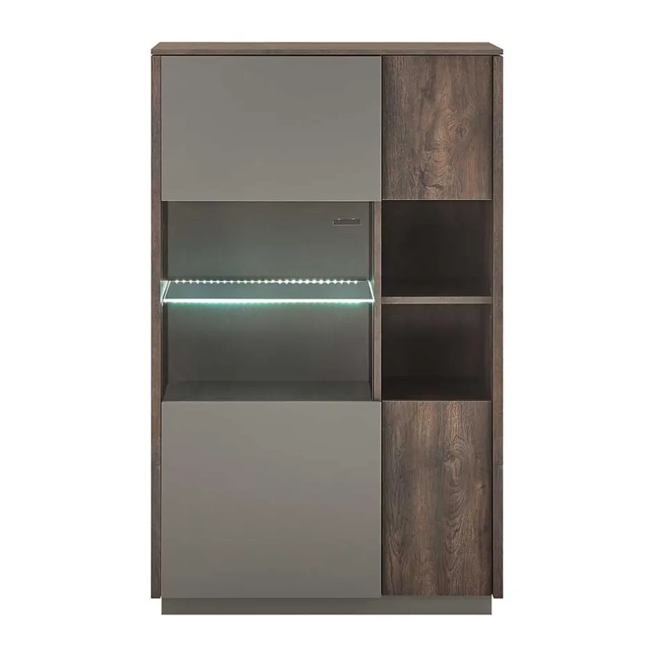 Wohnen Highboard Vitrine in Eiche Dunkel & Grau - Mundo