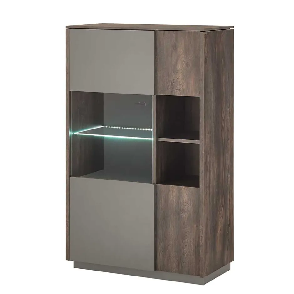 Wohnen Highboard Vitrine in Eiche Dunkel & Grau - Mundo