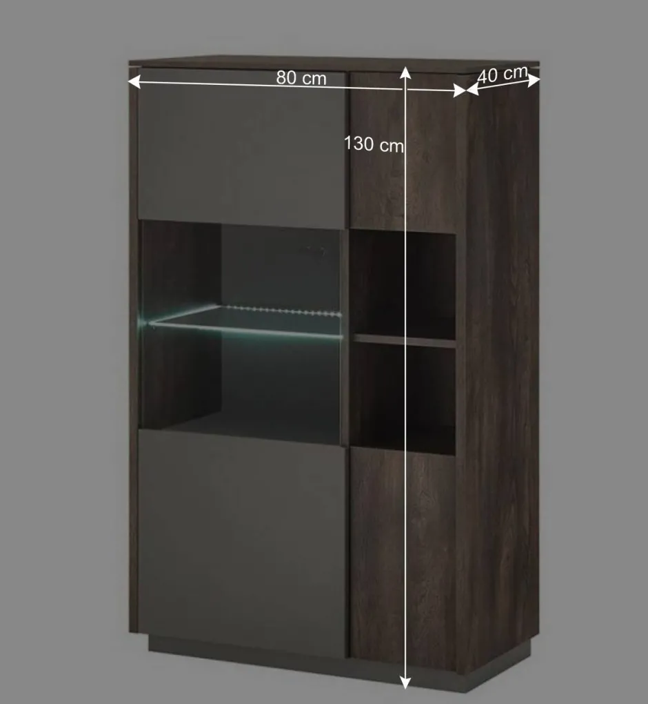 Wohnen Highboard Vitrine in Eiche Dunkel & Grau - Mundo