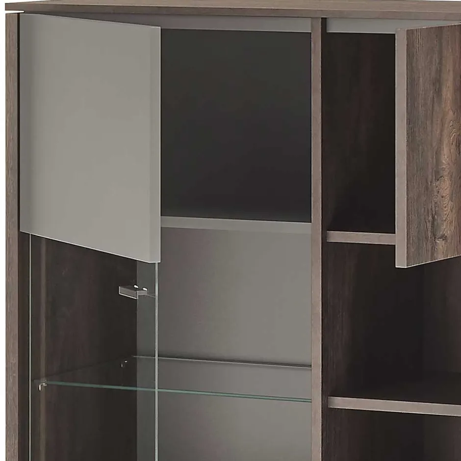 Wohnen Highboard Vitrine in Eiche Dunkel & Grau - Mundo
