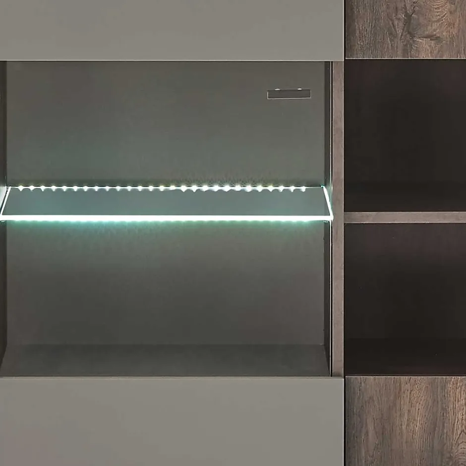 Wohnen Highboard Vitrine in Eiche Dunkel & Grau - Mundo