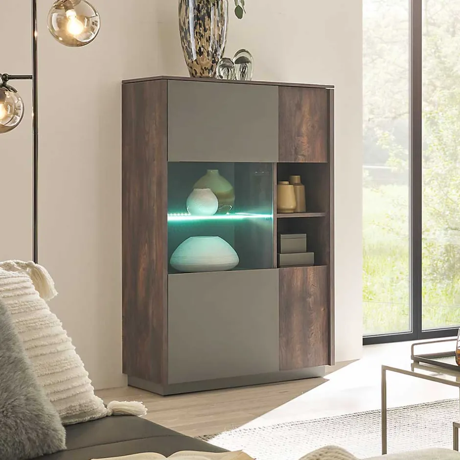 Wohnen Highboard Vitrine in Eiche Dunkel & Grau - Mundo