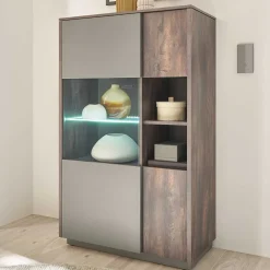 Wohnen Highboard Vitrine in Eiche Dunkel & Grau - Mundo