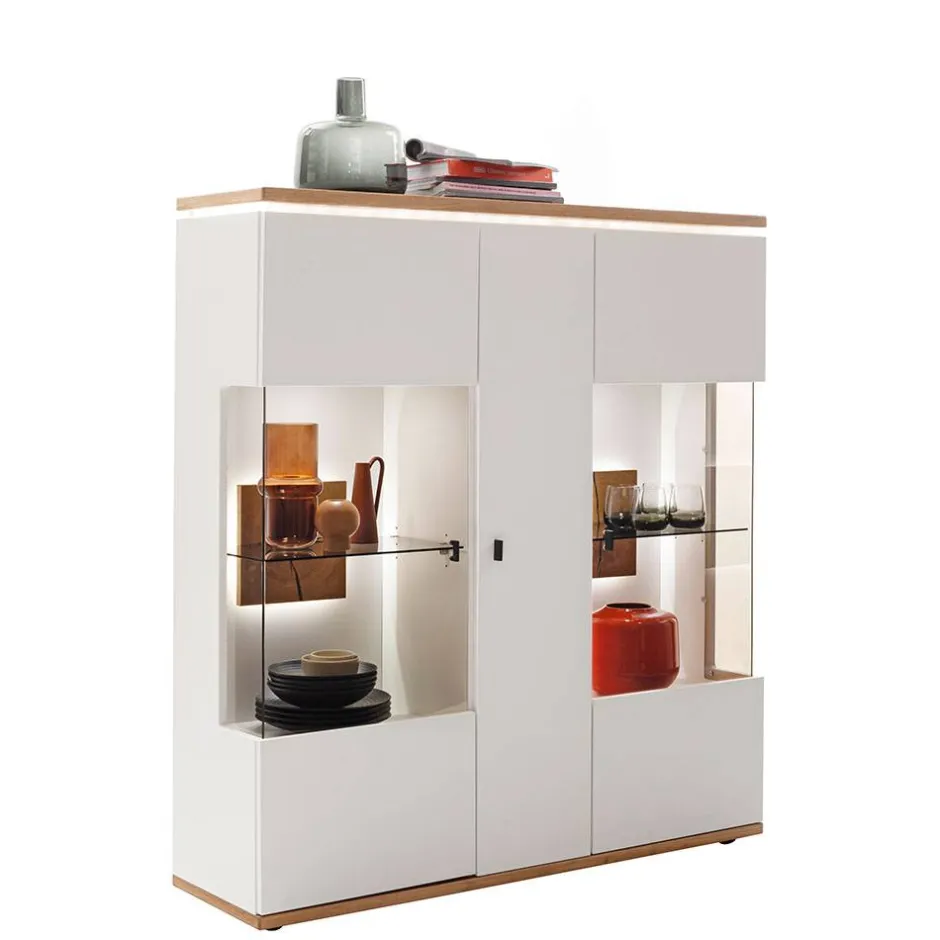 Highboard Vitrine in Soft White und Wildeiche - Yordyn^Wohnen Sale
