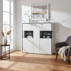 Wohnen Highboard Vitrine in Weiß mit Schwarzgrau - Loazin