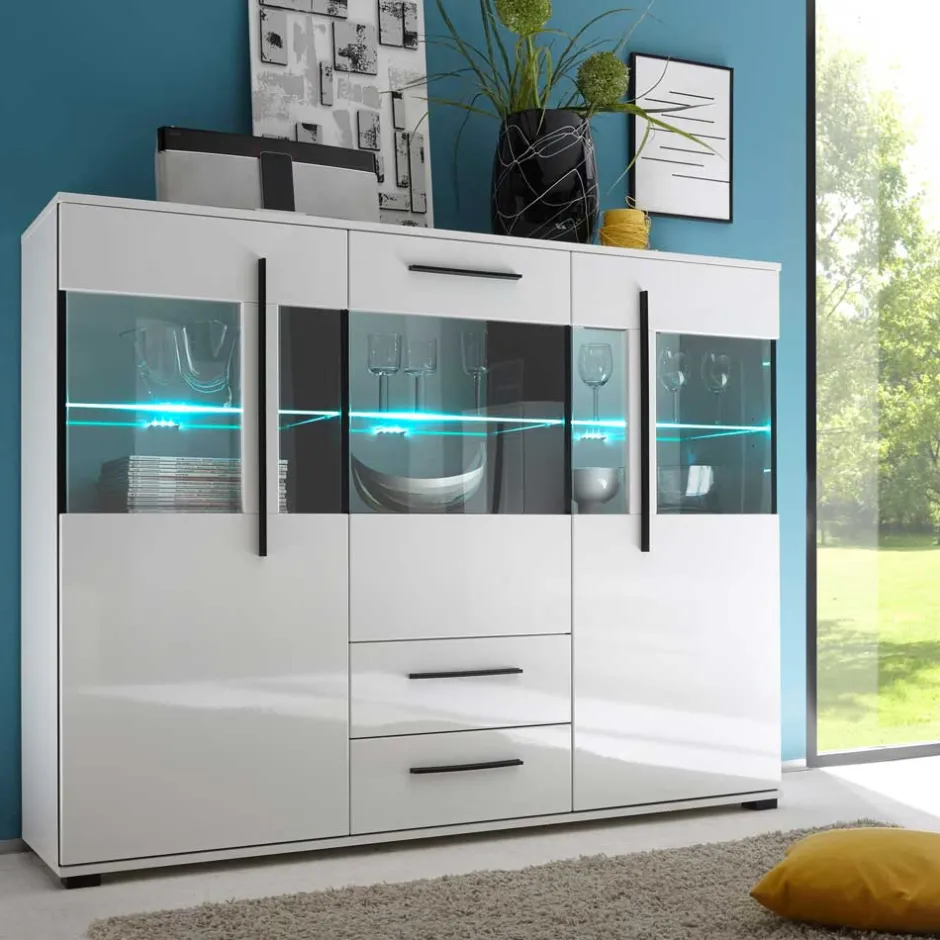 Wohnen Highboard Vitrine Jetongos in Weiß Hochglanz Glas
