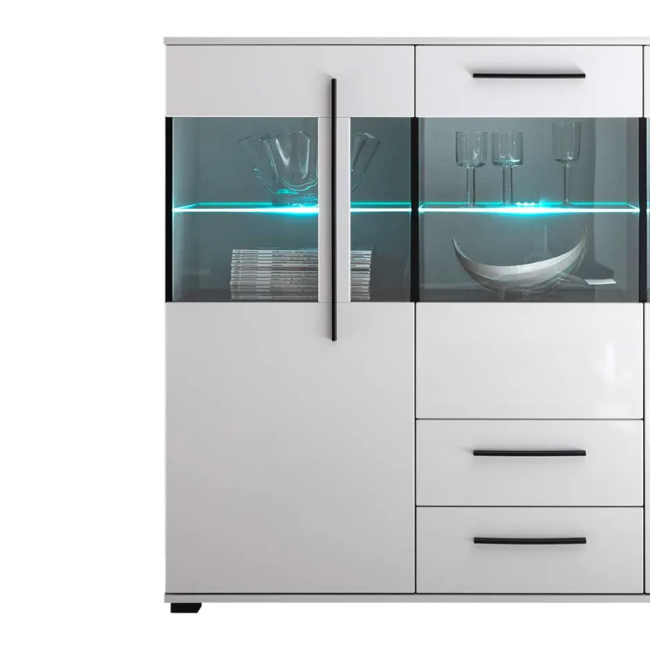 Wohnen Highboard Vitrine Jetongos in Weiß Hochglanz Glas