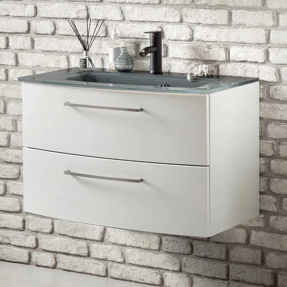 Hängender Waschtisch mit Glasbecken in Grau - Anjunica^Wohnen Sale