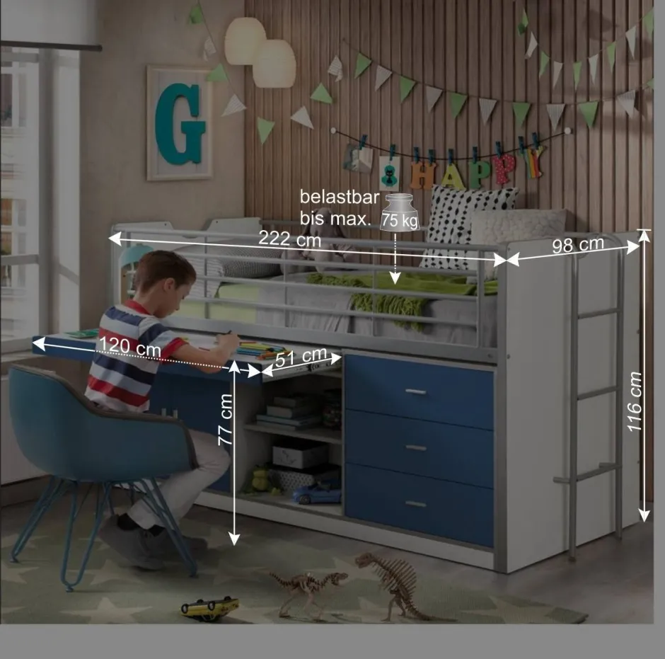 Hochbett Musty in Weiß-Blau^Wohnen Discount