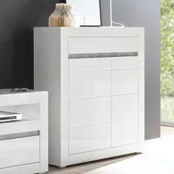 Wohnen Hochglanz Highboard in Weiß Mextra mit Absetzung in Beton Optik