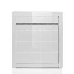 Wohnen Hochglanz Highboard in Weiß Mextra mit Absetzung in Beton Optik