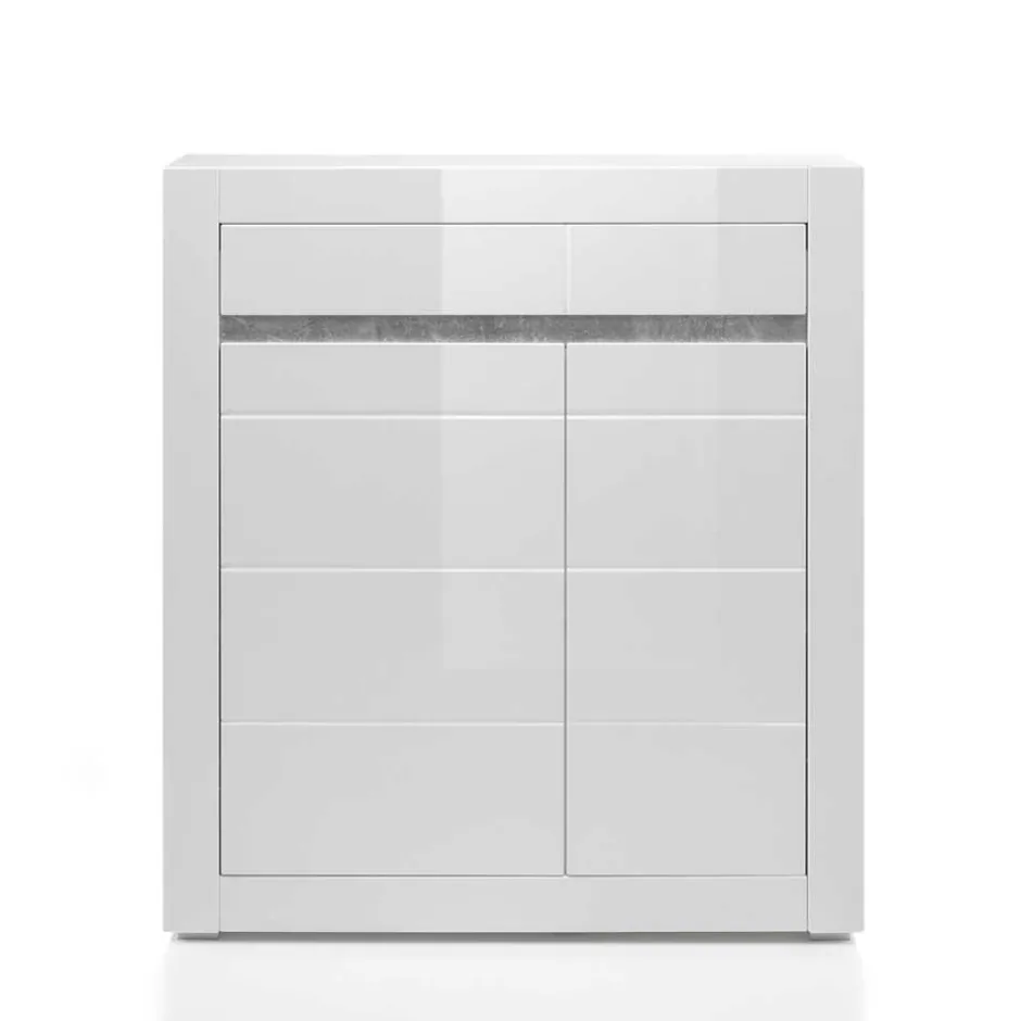 Wohnen Hochglanz Highboard in Weiß Mextra mit Absetzung in Beton Optik