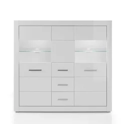 Wohnen Hochglanz Highboard in Weiß mit Glas Yulis 3-türig