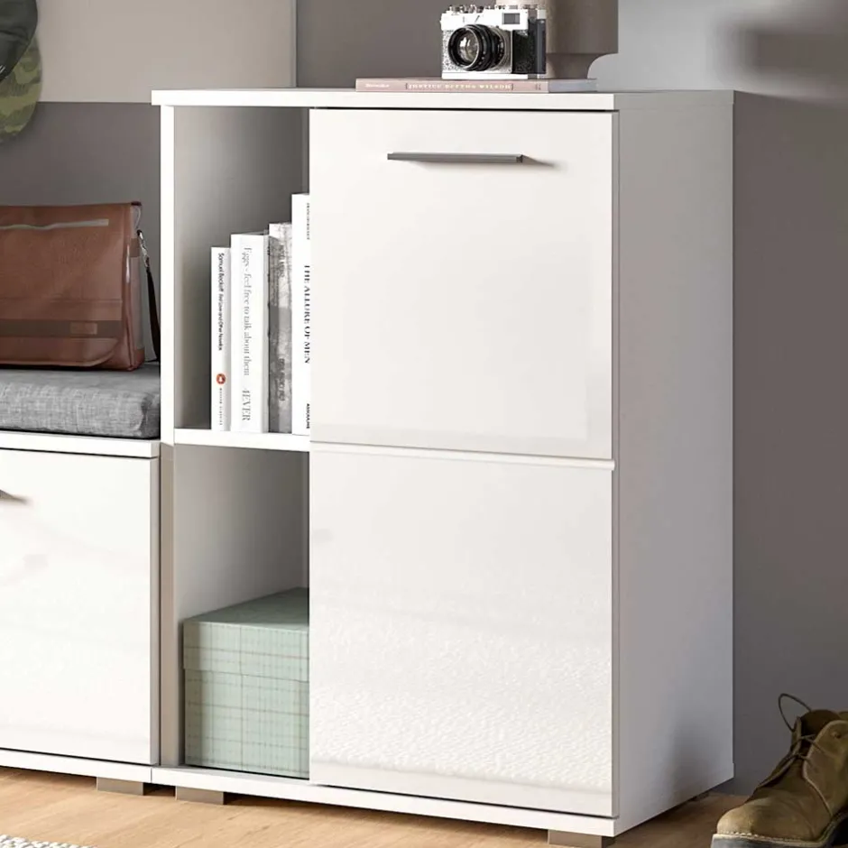 Wohnen Hochglanz Schuhkommode in Weiß - 2 Fächer & Tür - Rugova
