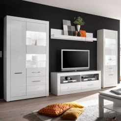 Hochglanz TV Anbauwand in Weiß Yulis optional mit LED (vierteilig)^Wohnen Discount