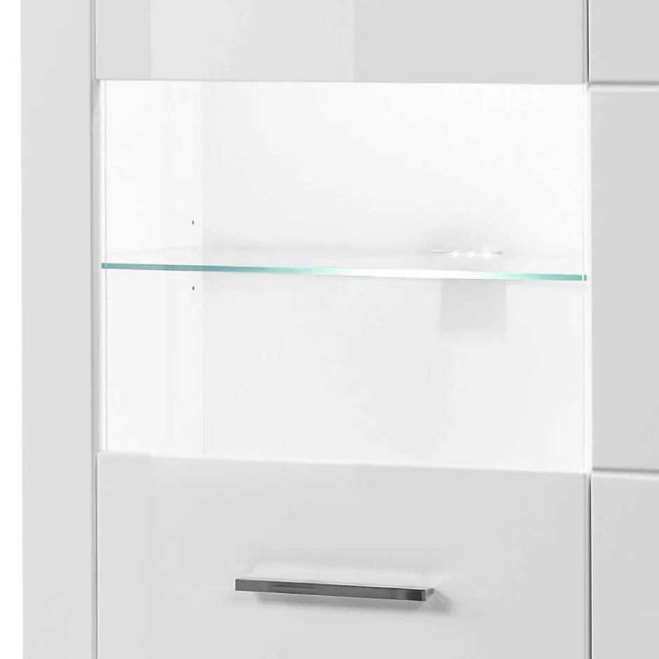 Wohnen Hochglanz Vitrine in Weiß 3-türig Yulis mit Glaseinsatz