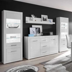 Hochglanz Wohnwand in Weiß Yulis mit Metallgriffen Chrom (vierteilig)^Wohnen New