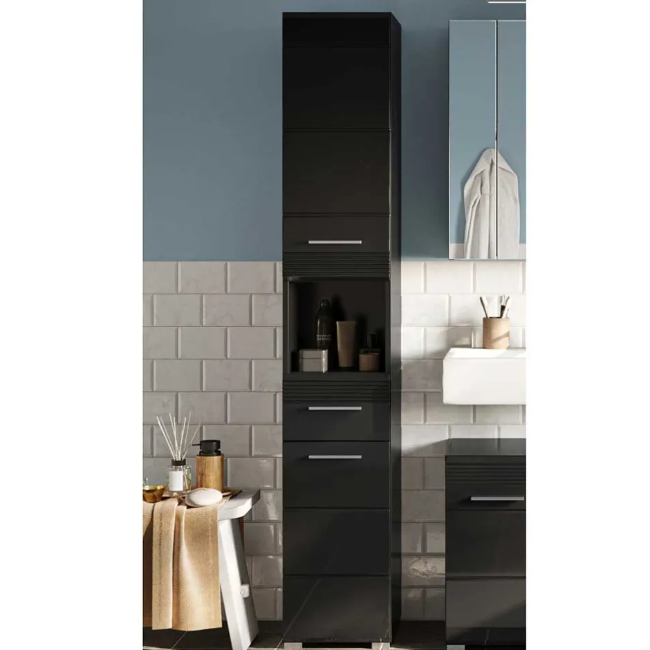 Hochglänzender Bad Hochschrank in Schwarz - Culina^Wohnen New