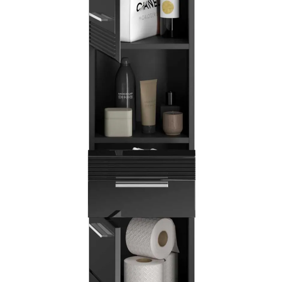 Hochglänzender Bad Hochschrank in Schwarz - Culina^Wohnen New
