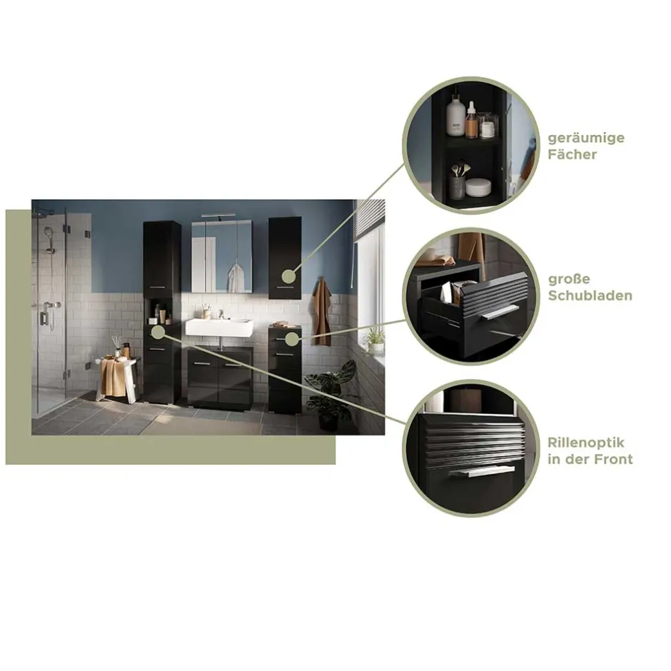 Hochglänzender Bad Hochschrank in Schwarz - Culina^Wohnen New