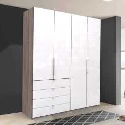 Wohnen Hoher Kleiderschrank in Weiß Glas & Eiche Dunkel - Empresian