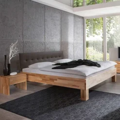 Wohnen Holzbett massiv Wins mit Polster-Kopfteil Kunstleder Dunkelbraun