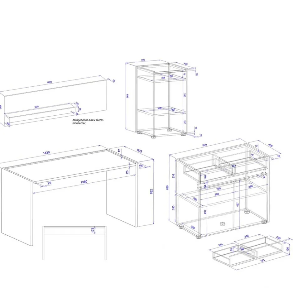 Wohnen Home Office Arbeitsplatz Set - Ahilav (vierteilig)