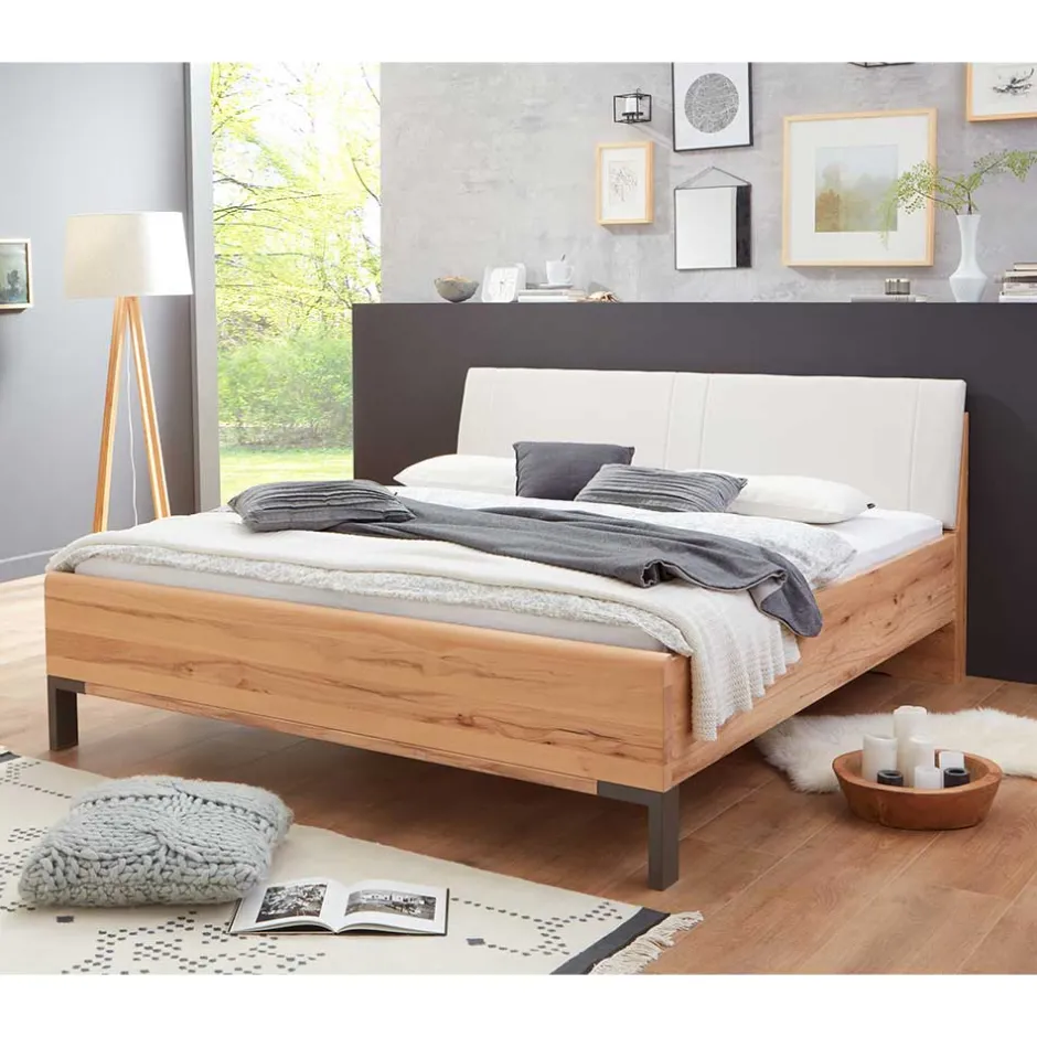 Wohnen Kernbuche Designbett mit Kunstleder Kopfteil - Krofun