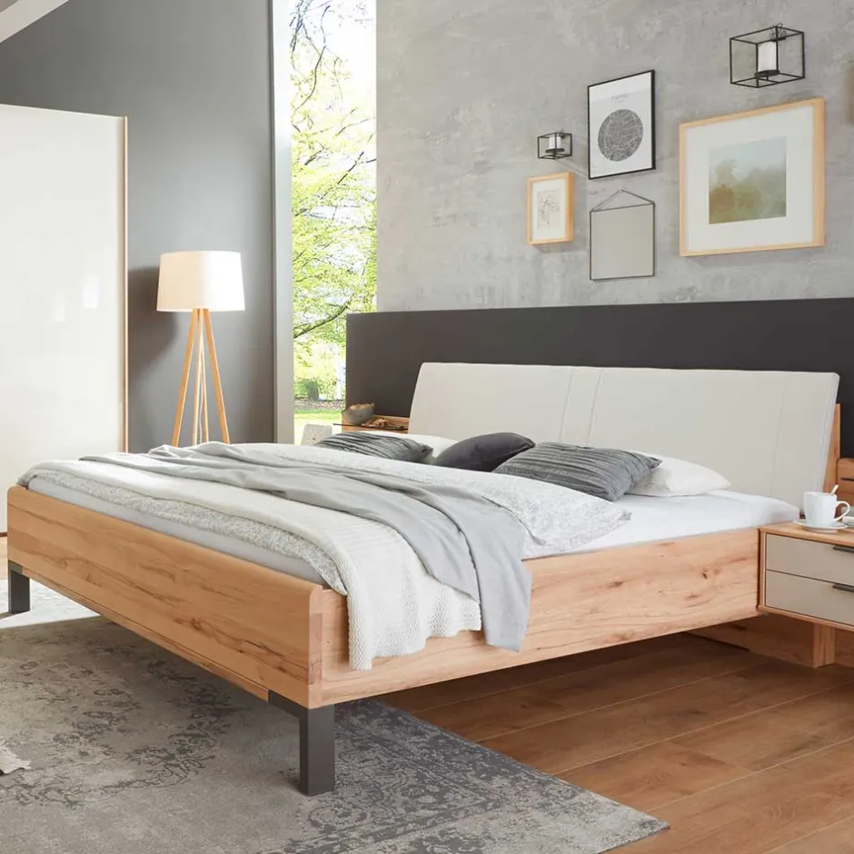Wohnen Kernbuche Designbett mit Kunstleder Kopfteil - Krofun