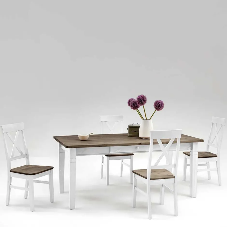 Wohnen Kiefer Esstischgruppe Yoan in Weiß Grau (fünfteilig)