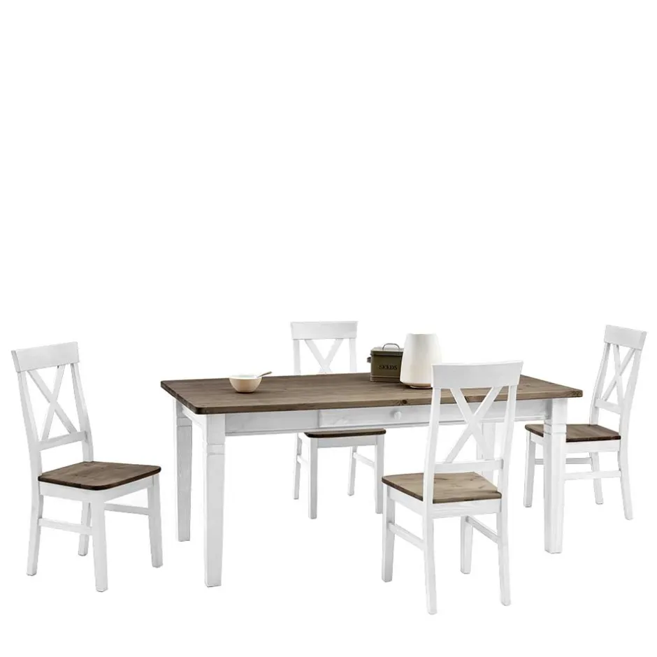 Wohnen Kiefer Esstischgruppe Yoan in Weiß Grau (fünfteilig)