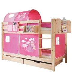Kinder Wohnen Kiefer Natur Mädchen Stockbett mit Stoff-Set in Pink - Alasdair
