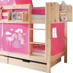 Kinder Wohnen Kiefer Natur Mädchen Stockbett mit Stoff-Set in Pink - Alasdair