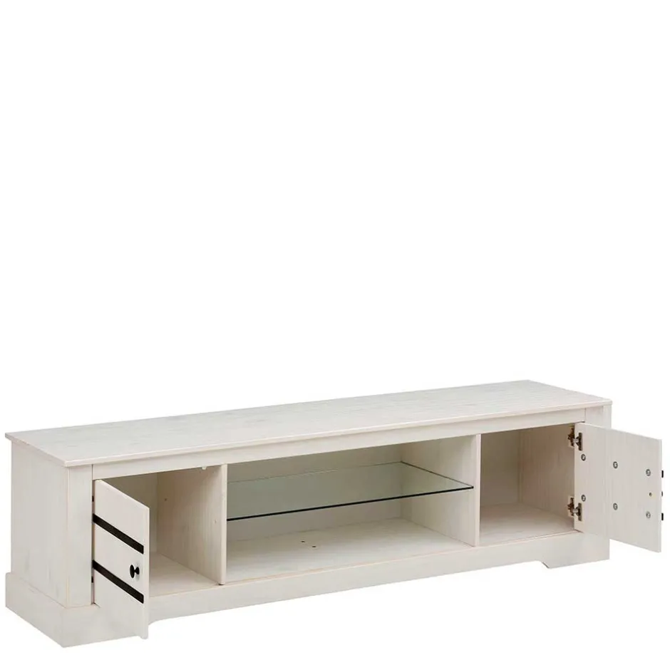 Wohnen Kiefernholz TV Unterschrank in Weiß mit Schwarz - Manduza