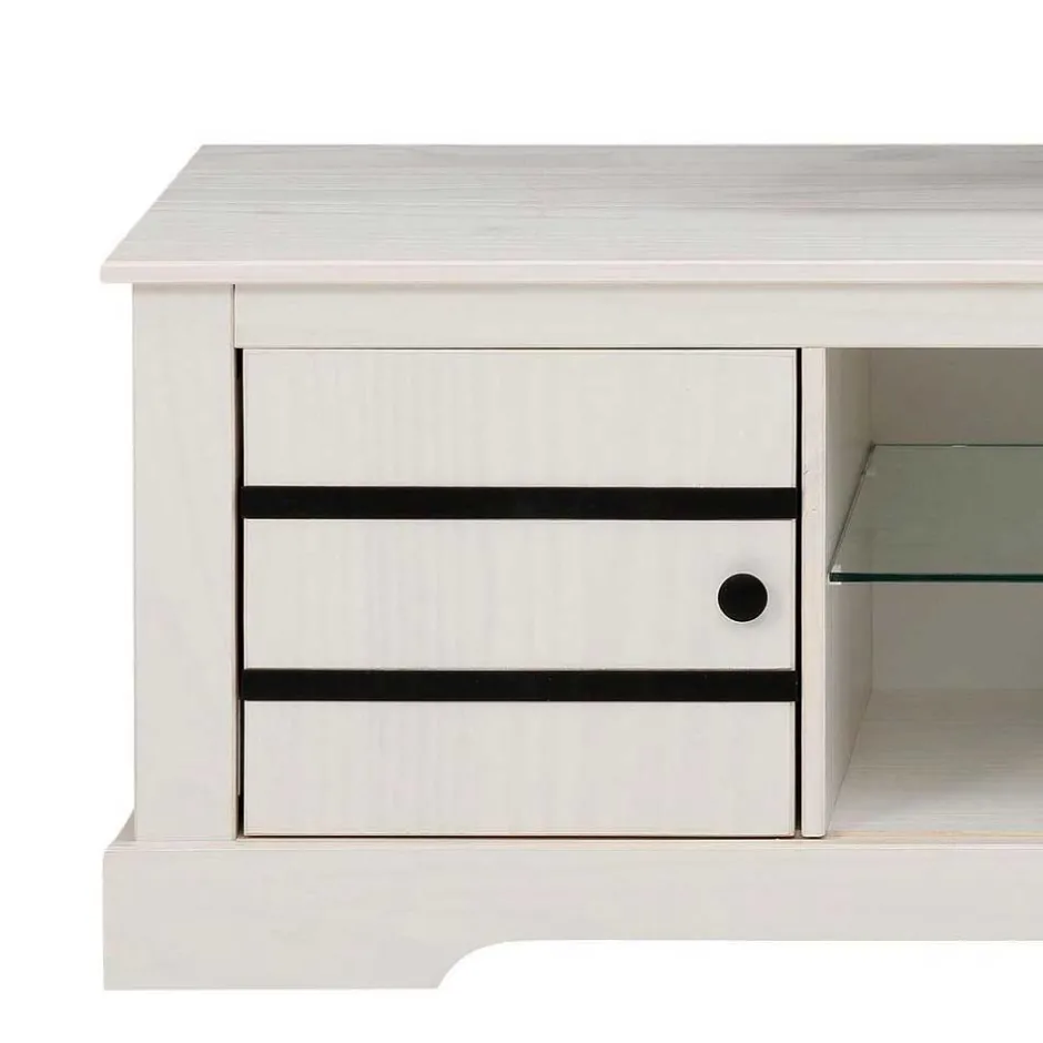 Wohnen Kiefernholz TV Unterschrank in Weiß mit Schwarz - Manduza